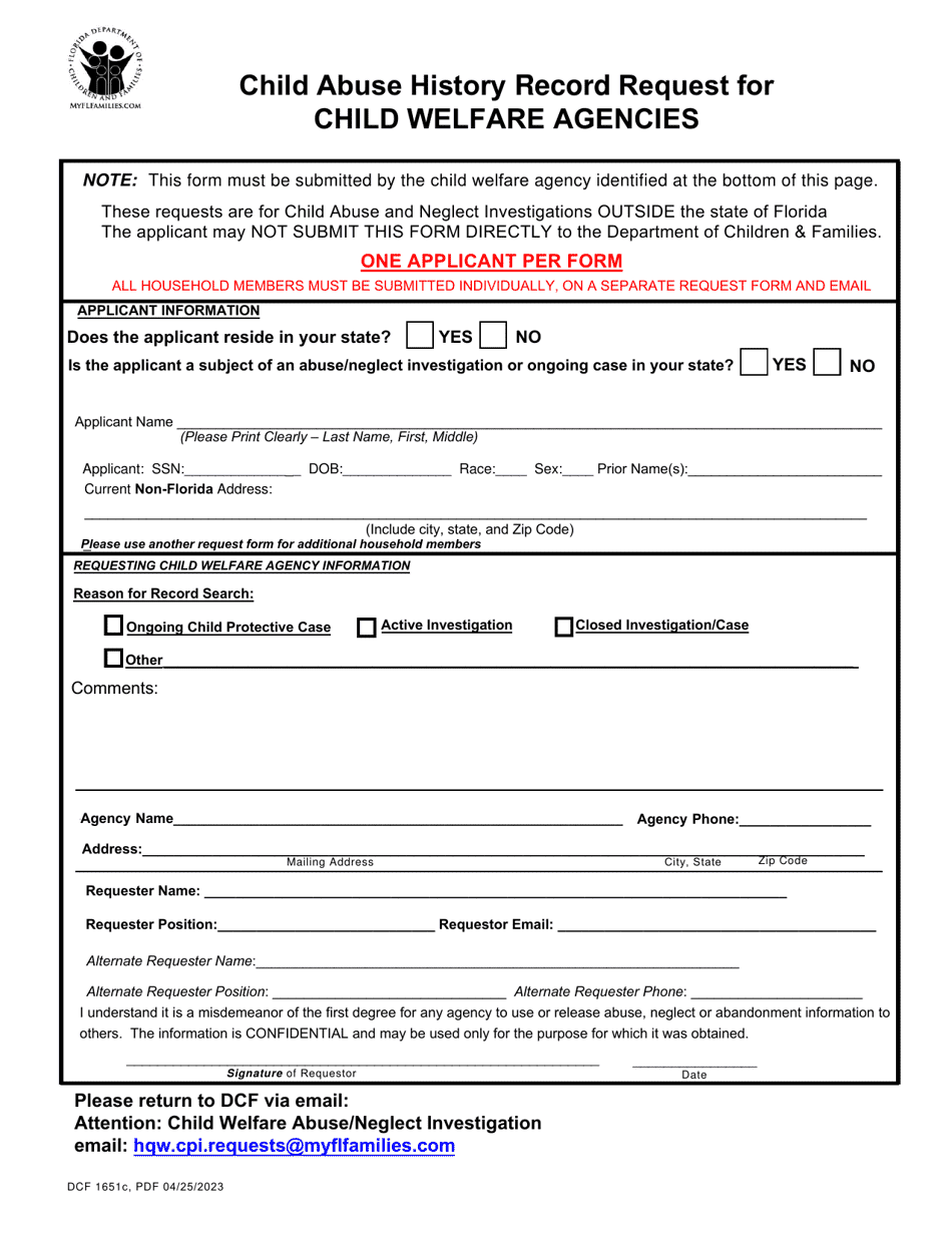 Form DCF1651C Child Abuse History Record Request for Child Welfare Agencies - Florida, Page 1