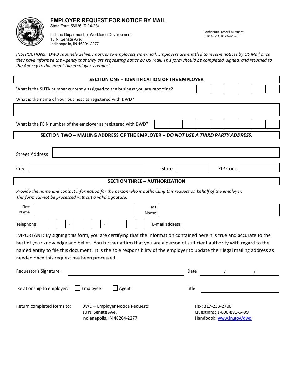 State Form 56626 Employer Request for Notice by Mail - Indiana, Page 1