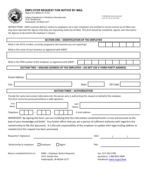 State Form 56626 Employer Request for Notice by Mail - Indiana