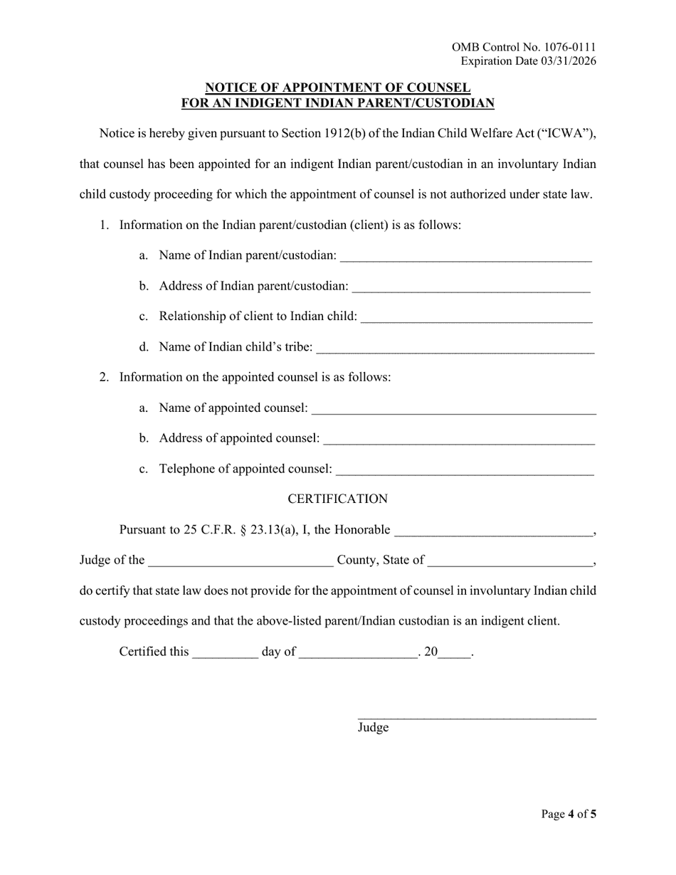Notice of Appointment of Counsel for an Indigent Indian Parent / Custodian, Page 4