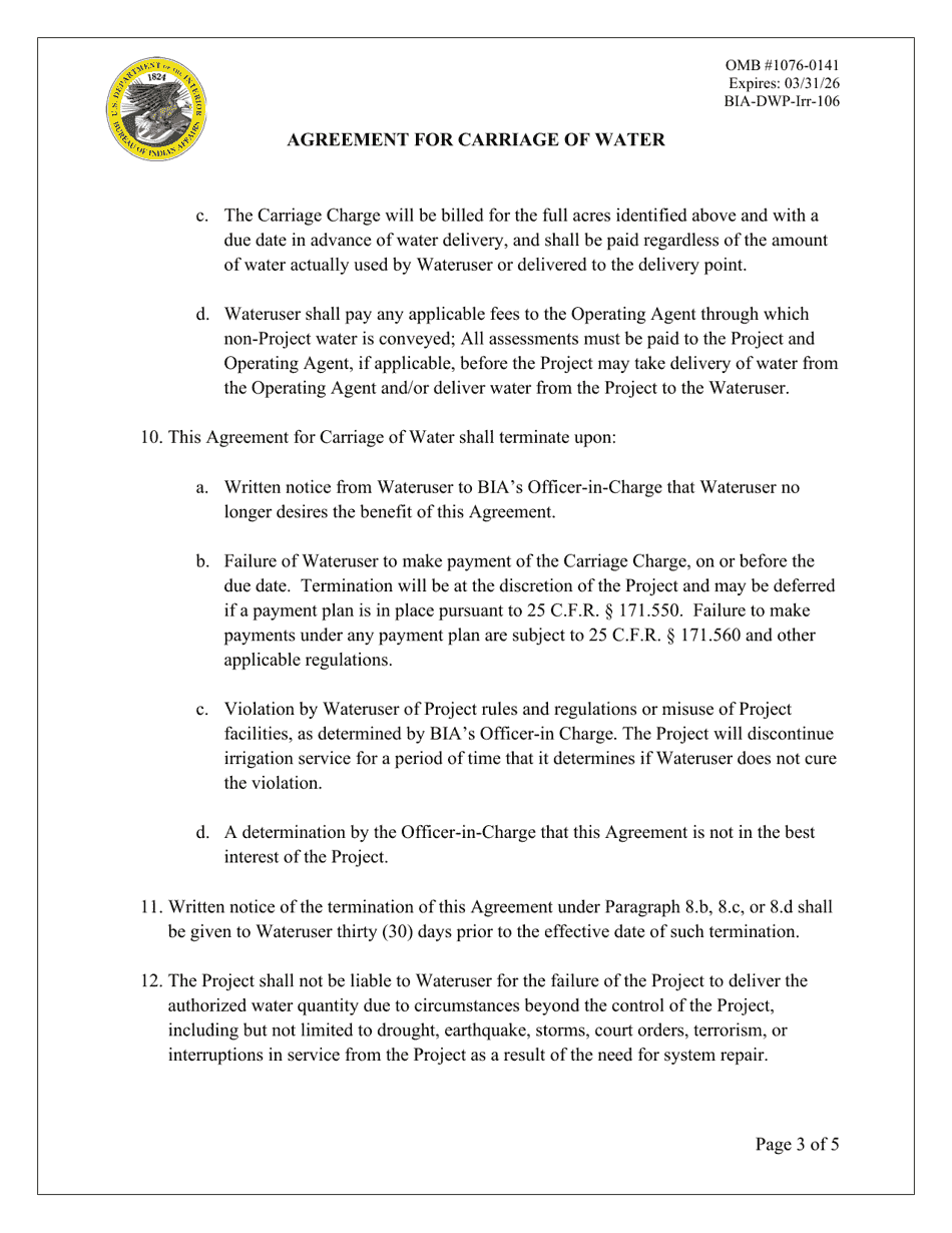 Form BIA-DWP-Irr-106 Agreement for Carriage of Water, Page 3