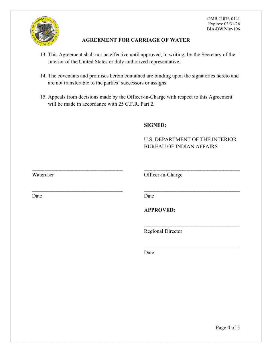 Form BIA-DWP-Irr-106 Agreement for Carriage of Water, Page 4