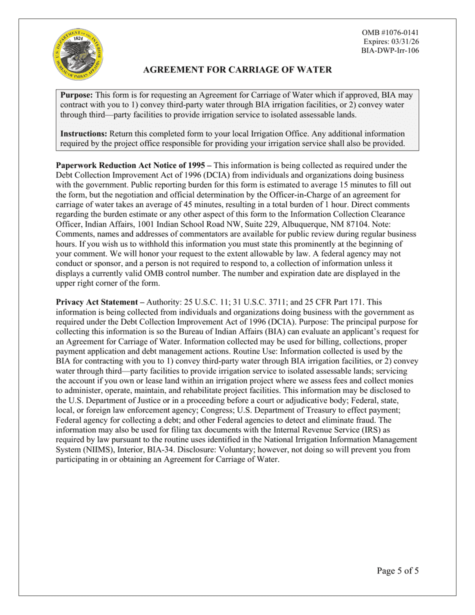 Form BIA-DWP-Irr-106 Agreement for Carriage of Water, Page 5