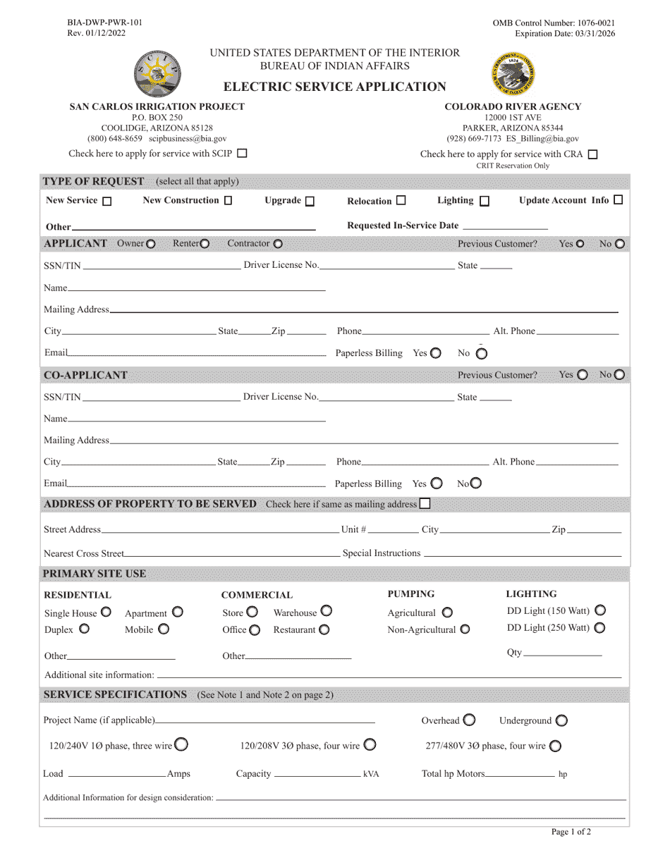Form BIA-DWP-Pwr-101 Electric Service Application, Page 1