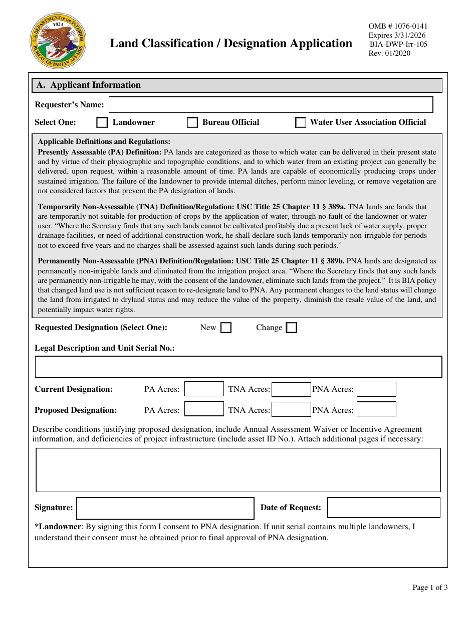 Form BIA-DWP-Irr-105 Land Classification / Designation Application, Page 1