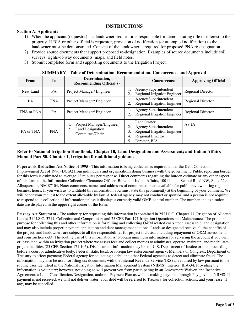 Form BIA-DWP-Irr-105 Land Classification / Designation Application, Page 3