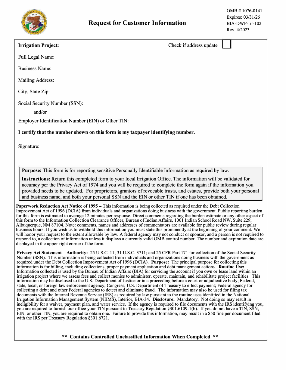Form BIA-DWP-Irr-102 Request for Customer Information, Page 1
