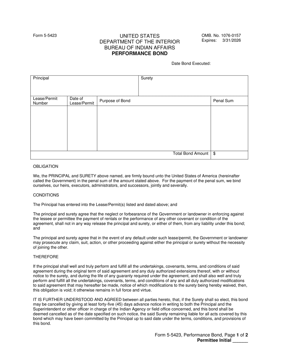 Form 5-5423 Performance Bond, Page 1