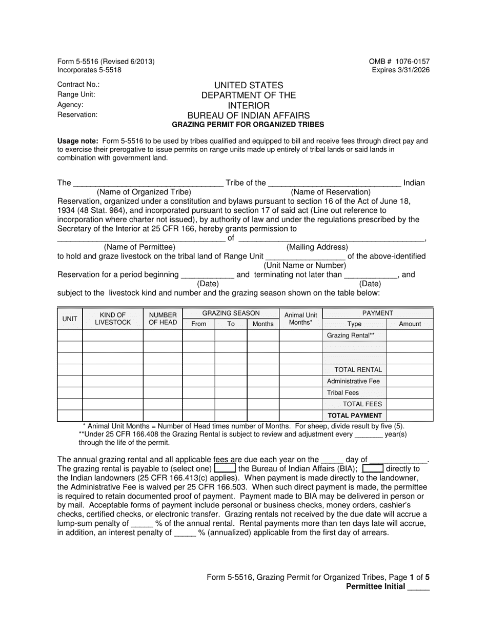 Form 5-5516 Grazing Permit for Organized Tribes, Page 1
