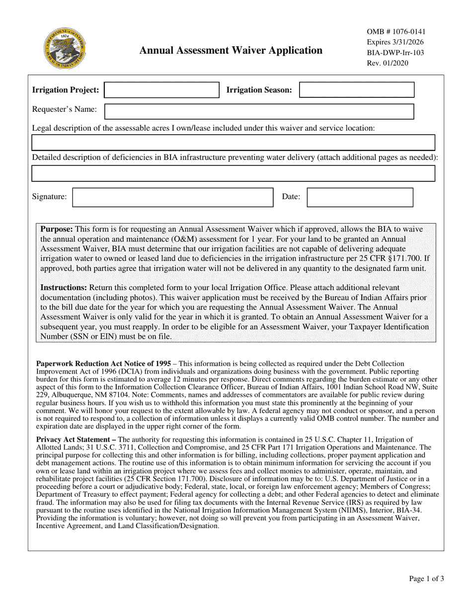 Form BIA-DWP-Irr-103 Annual Assessment Waiver Application, Page 1