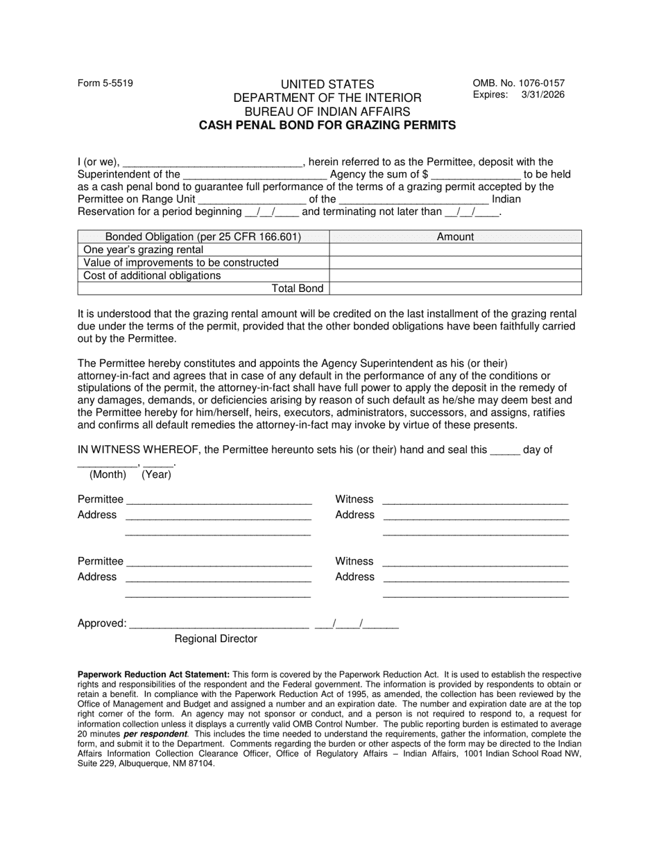 Form 5-5519 Cash Penal Bond for Grazing Permits, Page 1