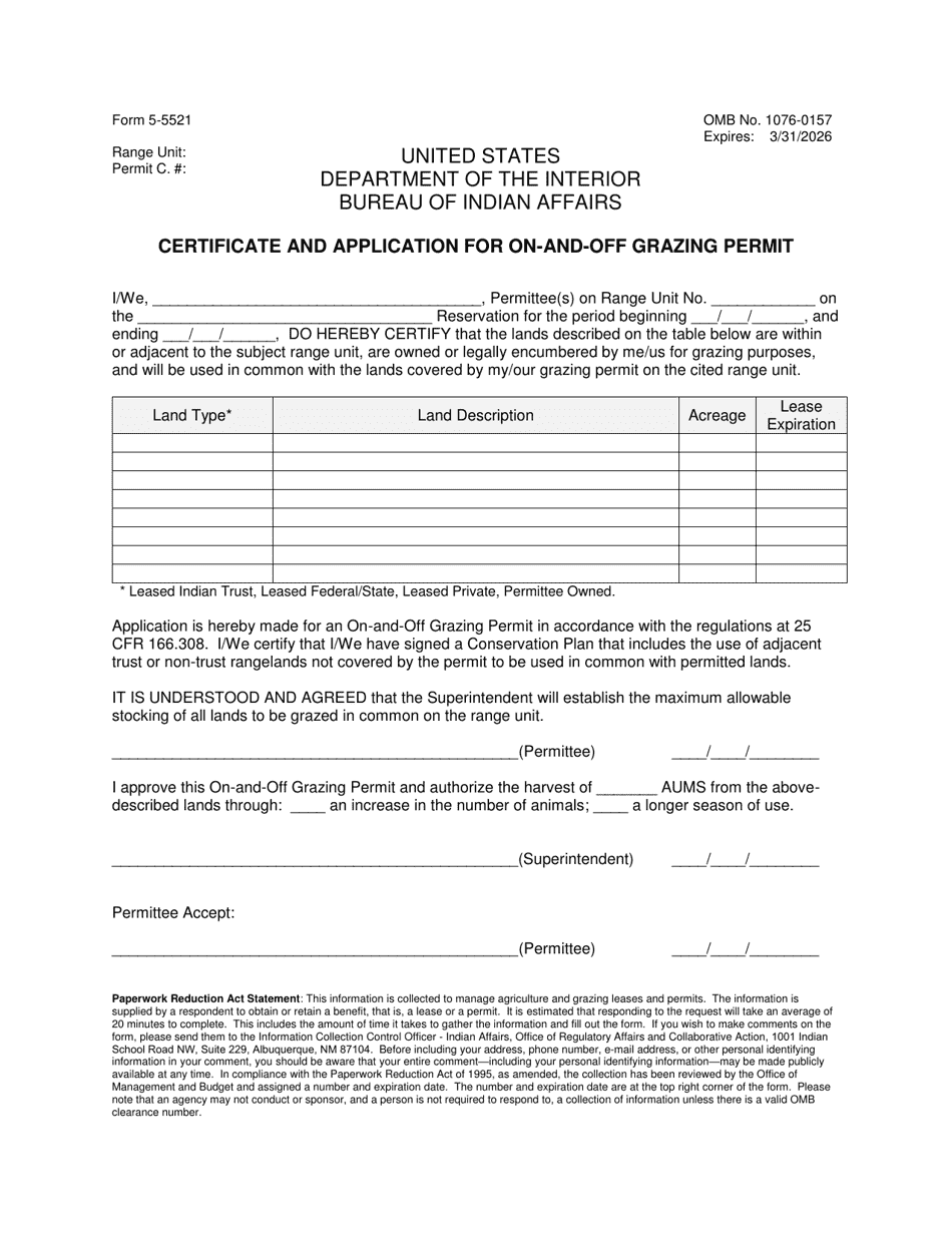 Form 5-5521 Certificate and Application for on-And-Off Grazing Permit, Page 1