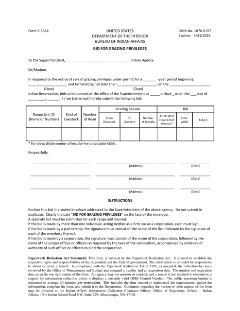 Form 5-5514 Bid for Grazing Privileges
