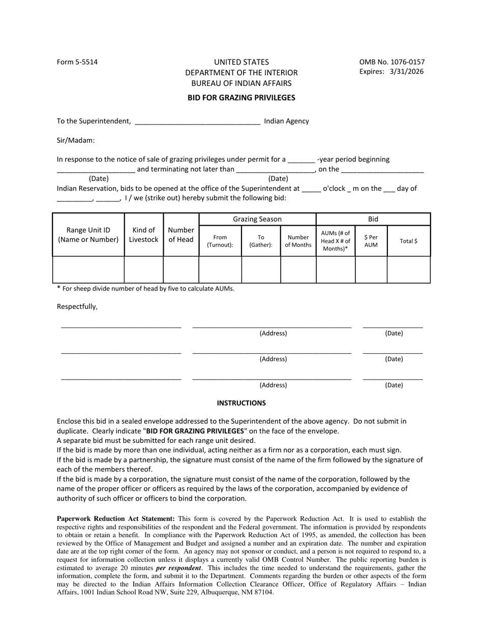 Form 5-5514 Bid for Grazing Privileges, Page 1