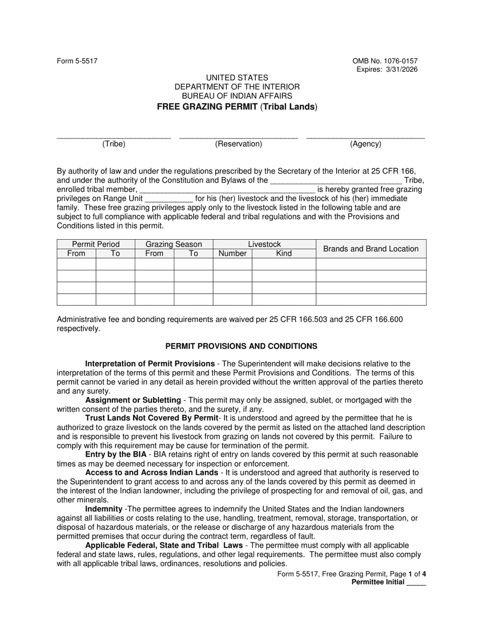 Form 5-5517 Free Grazing Permit (Tribal Lands), Page 1