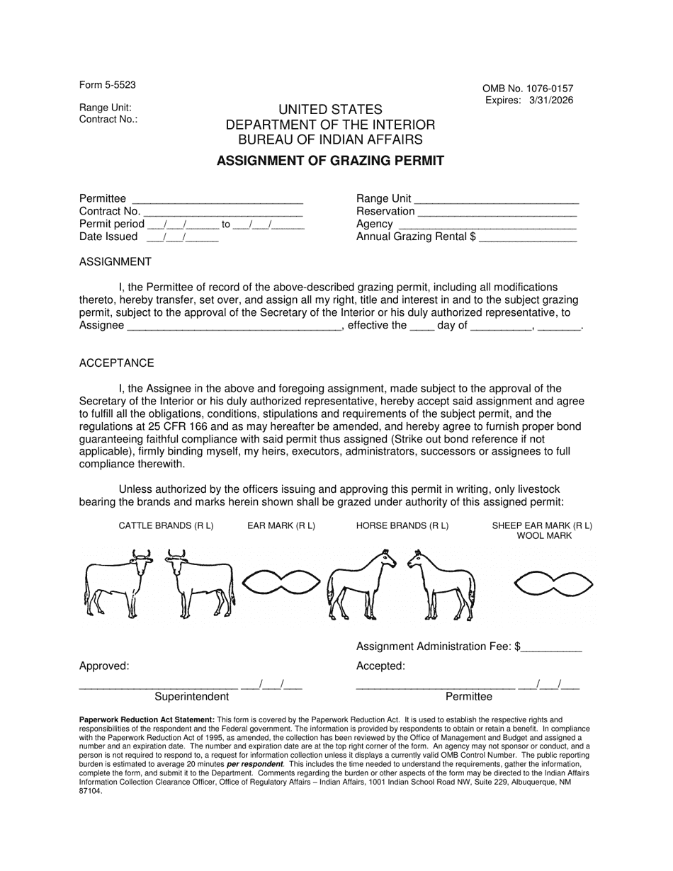 Form 5-5523 Assignment of Grazing Permit, Page 1