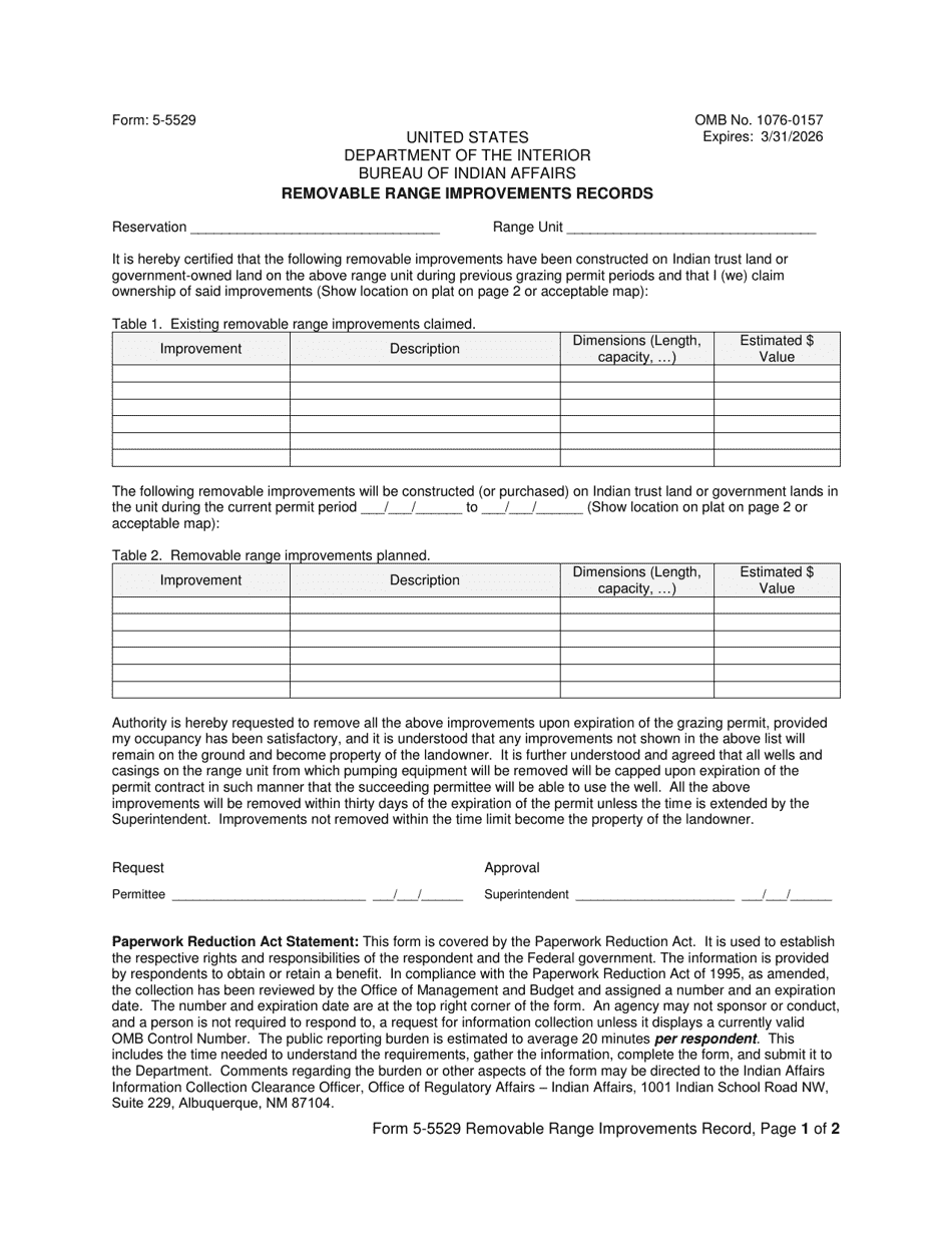 Form 5-5529 Removable Range Improvements Records, Page 1