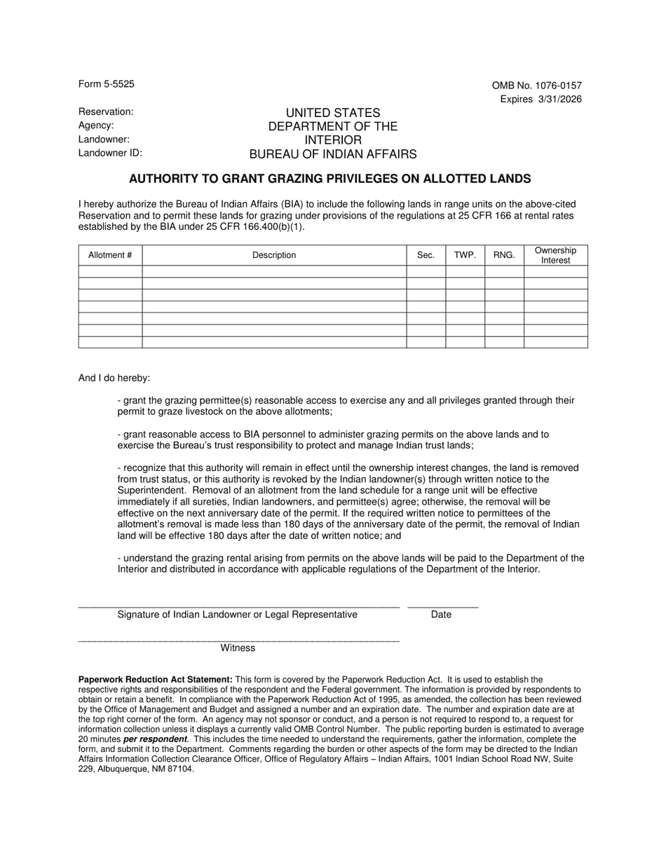 Form 5-5525 Authority to Grant Grazing Privileges on Allotted Lands, Page 1