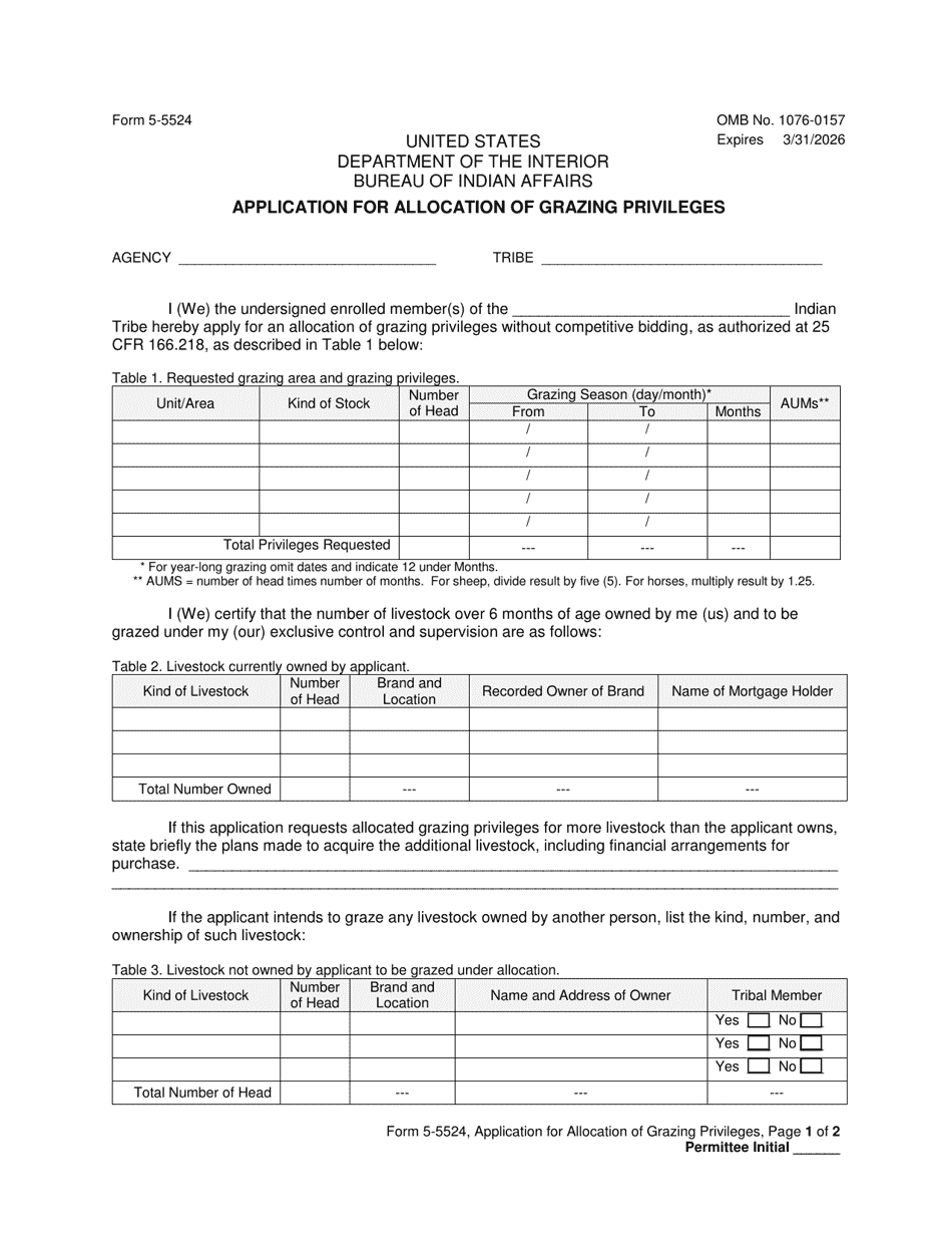 Form 5-5524 Application for Allocation of Grazing Privileges, Page 1