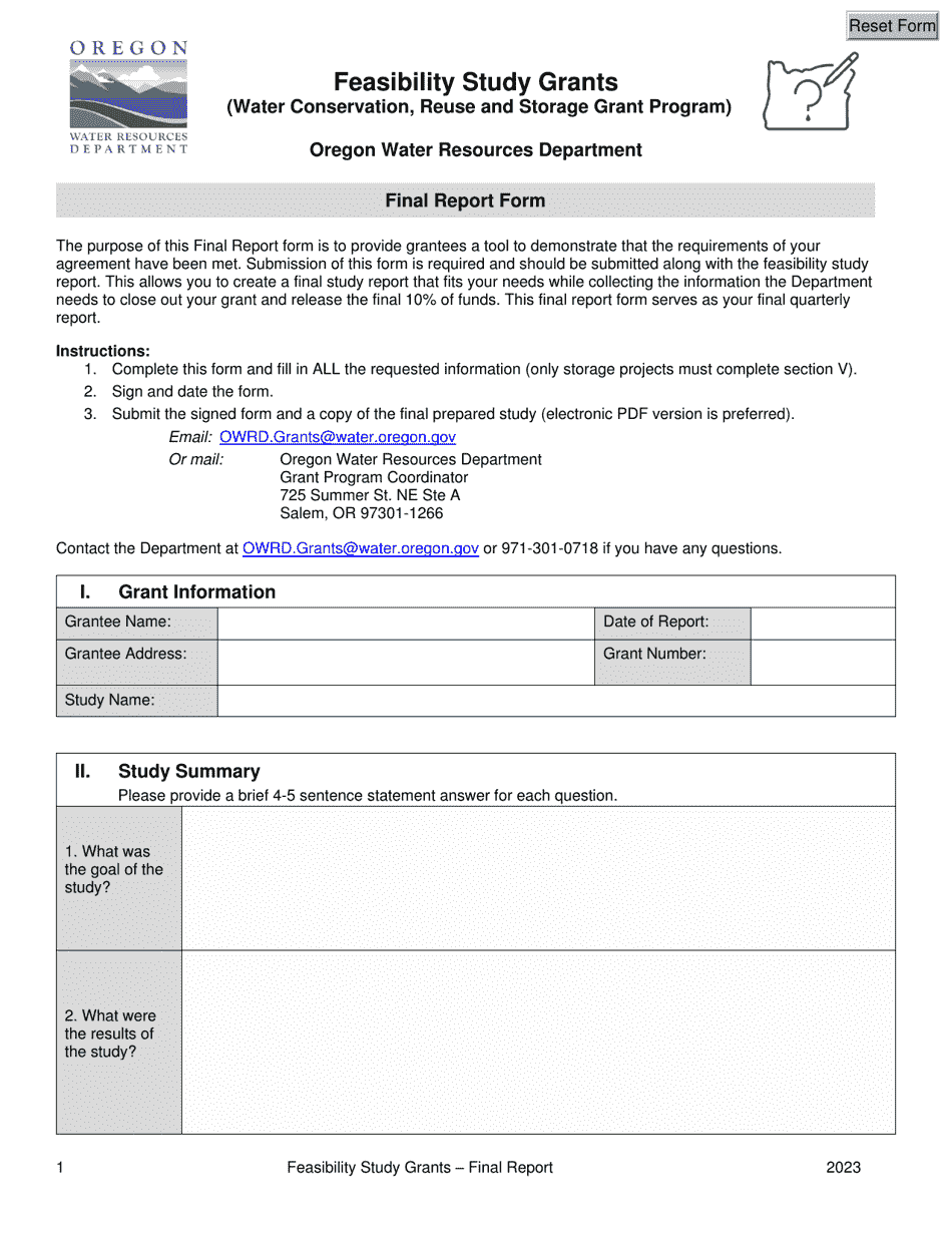 Final Report Form - Feasibility Study Grants - Water Conservation, Reuse and Storage Grant Program - Oregon, Page 1