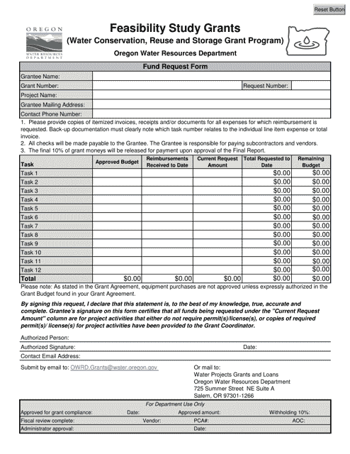Fund Request Form - Feasibility Study Grants - Water Conservation, Reuse and Storage Grant Program - Oregon Download Pdf