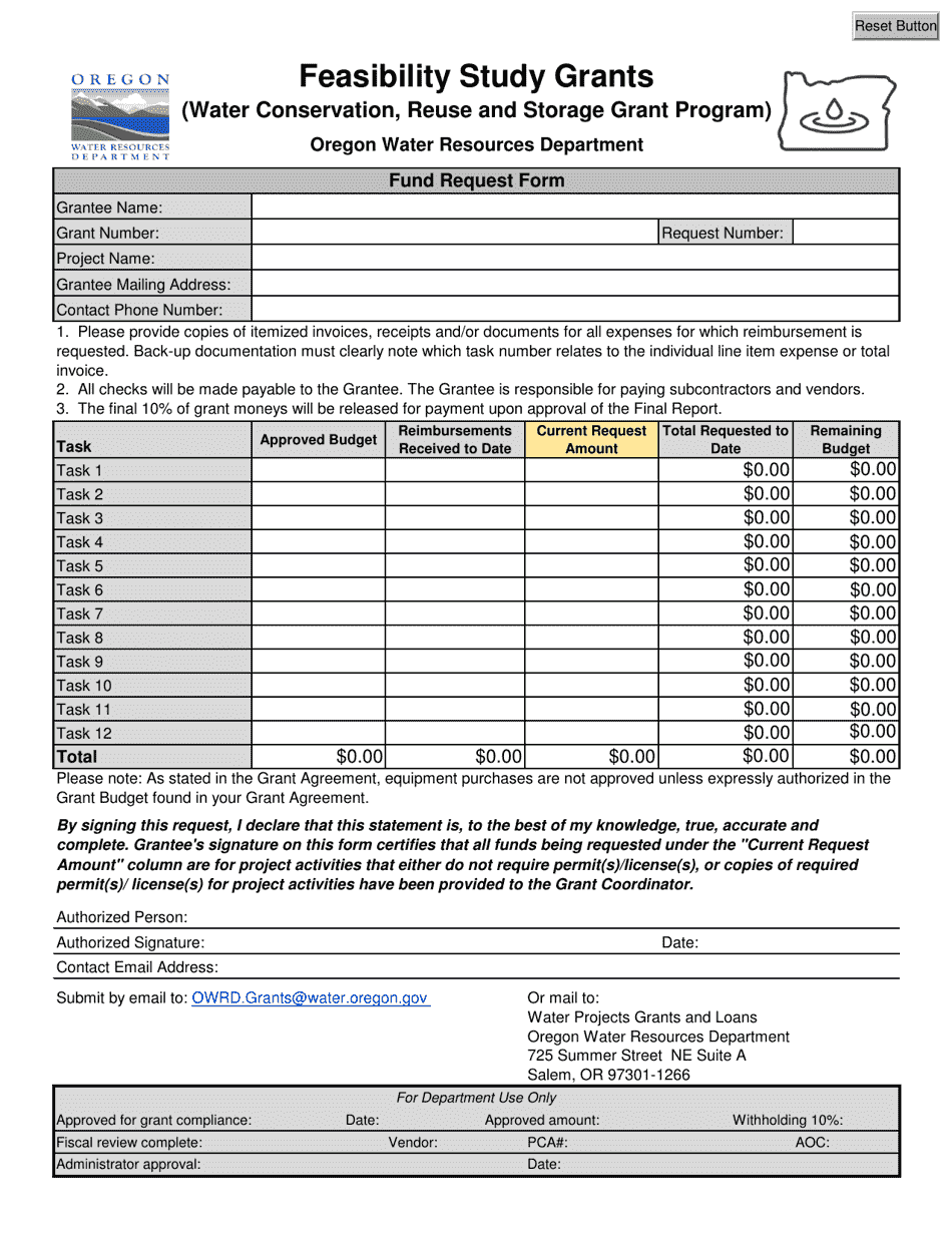 Fund Request Form - Feasibility Study Grants - Water Conservation, Reuse and Storage Grant Program - Oregon, Page 1