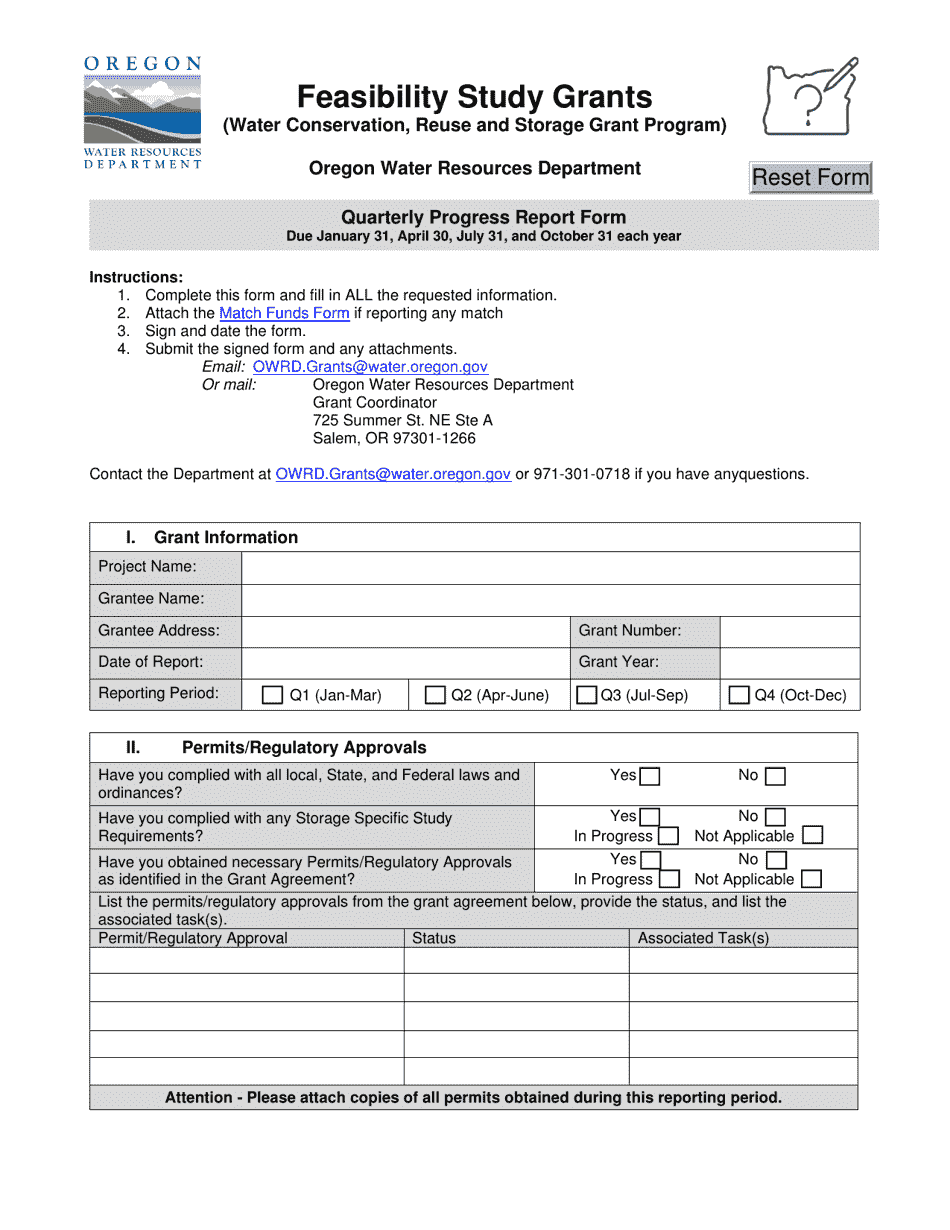 Quarterly Progress Report Form - Feasibility Study Grants - Water Conservation, Reuse and Storage Grant Program - Oregon, Page 1
