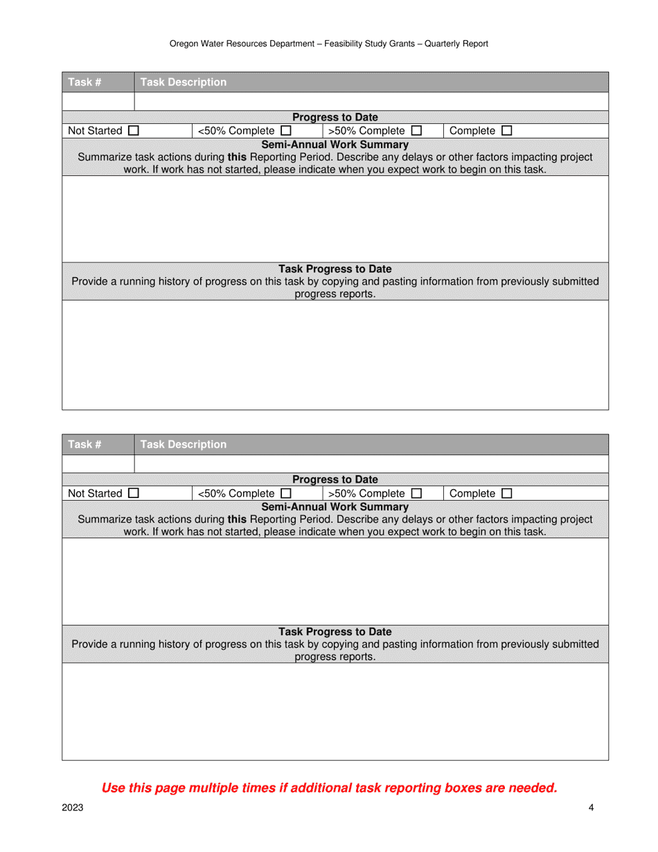 Quarterly Progress Report Form - Feasibility Study Grants - Water Conservation, Reuse and Storage Grant Program - Oregon, Page 4