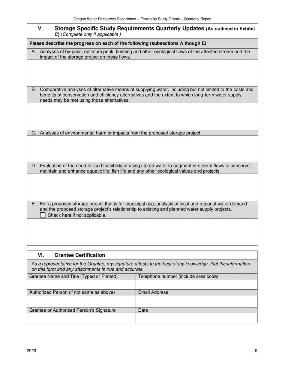 Quarterly Progress Report Form - Feasibility Study Grants - Water Conservation, Reuse and Storage Grant Program - Oregon, Page 5