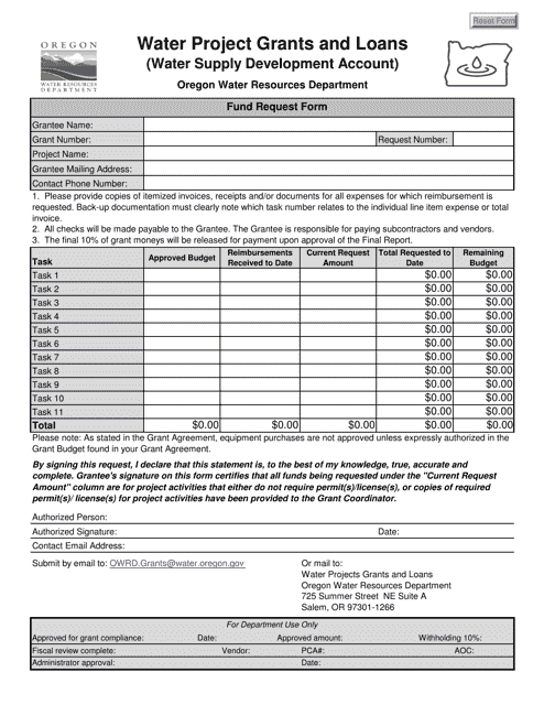 Fund Request Form - Water Project Grants and Loans - Water Supply Development Account - Oregon Download Pdf