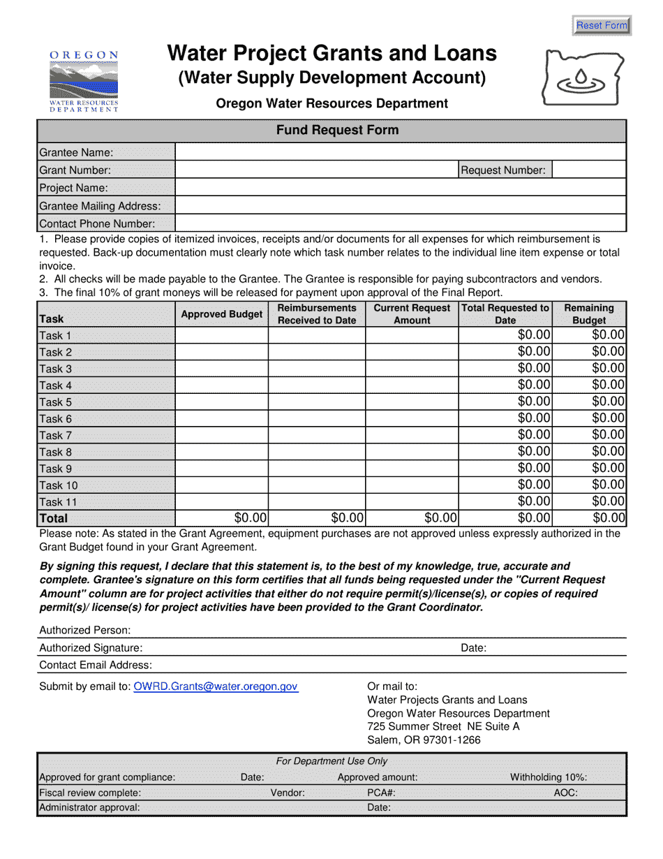 Fund Request Form - Water Project Grants and Loans - Water Supply Development Account - Oregon, Page 1