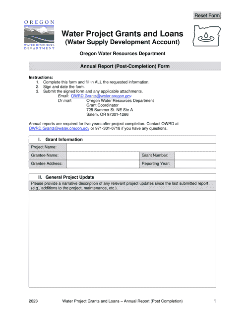 Annual Report (Post-completion) Form - Water Project Grants and Loans (Water Supply Development Account) - Oregon