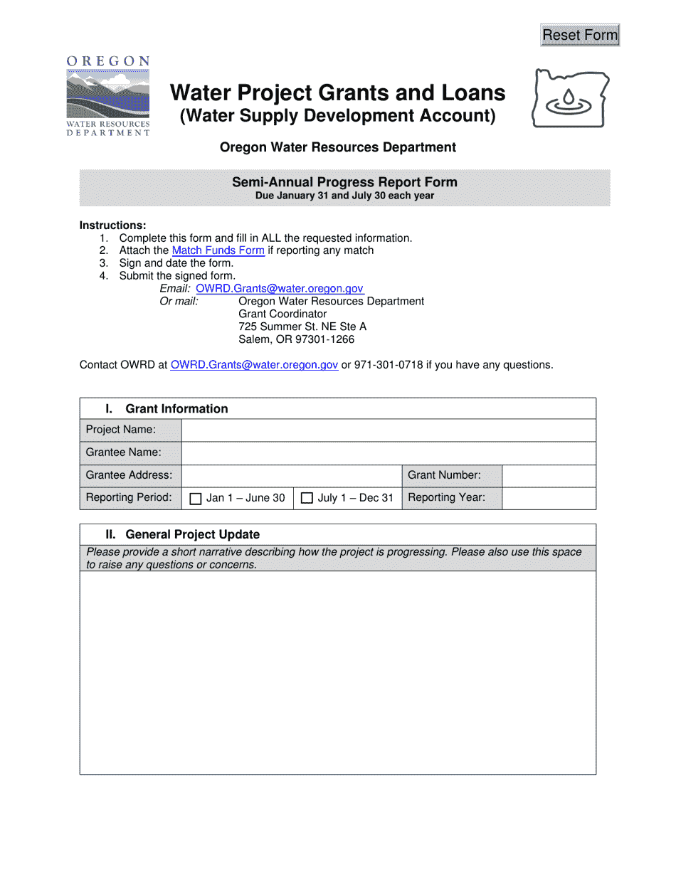 Semi-annual Progress Report Form - Water Project Grants and Loans (Water Supply Development Account) - Oregon, Page 1