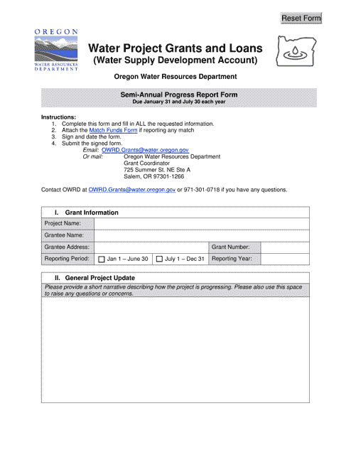 Semi-annual Progress Report Form - Water Project Grants and Loans (Water Supply Development Account) - Oregon Download Pdf