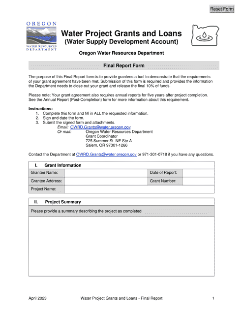 Final Report Form - Water Project Grants and Loans (Water Supply Development Account) - Oregon