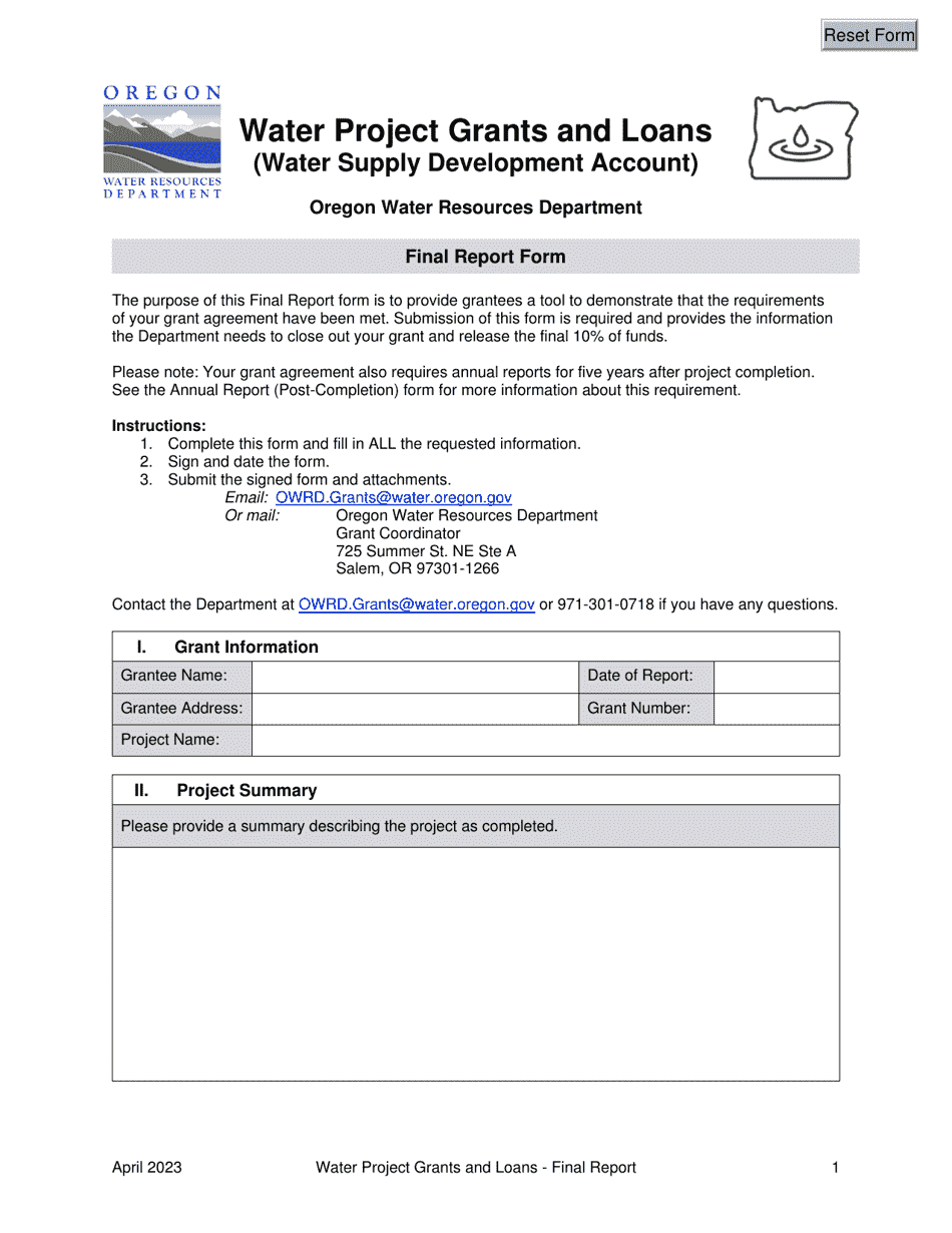Oregon Final Report Form Water Project Grants and Loans (Water Supply