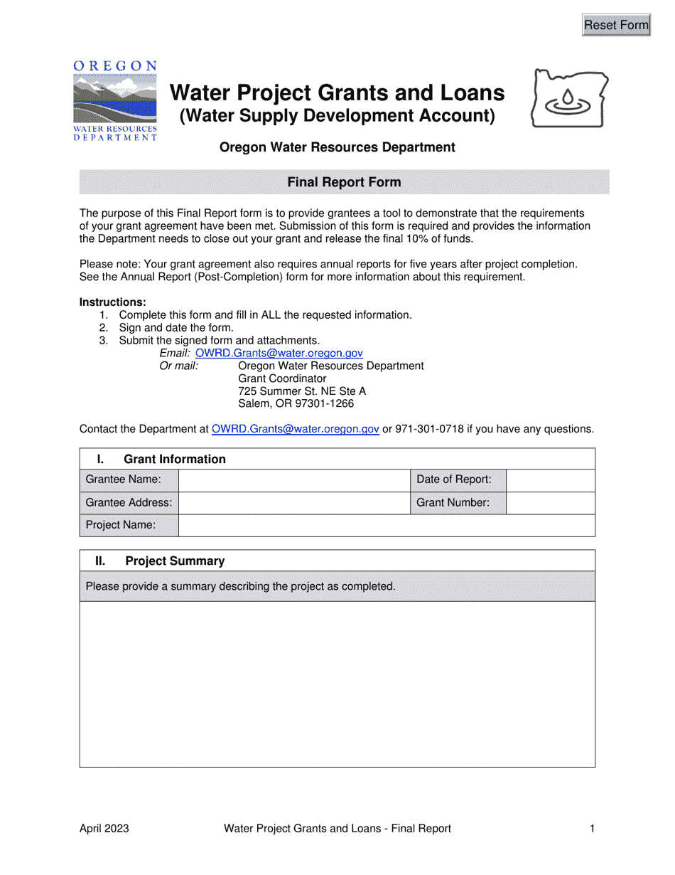 Final Report Form - Water Project Grants and Loans (Water Supply Development Account) - Oregon, Page 1