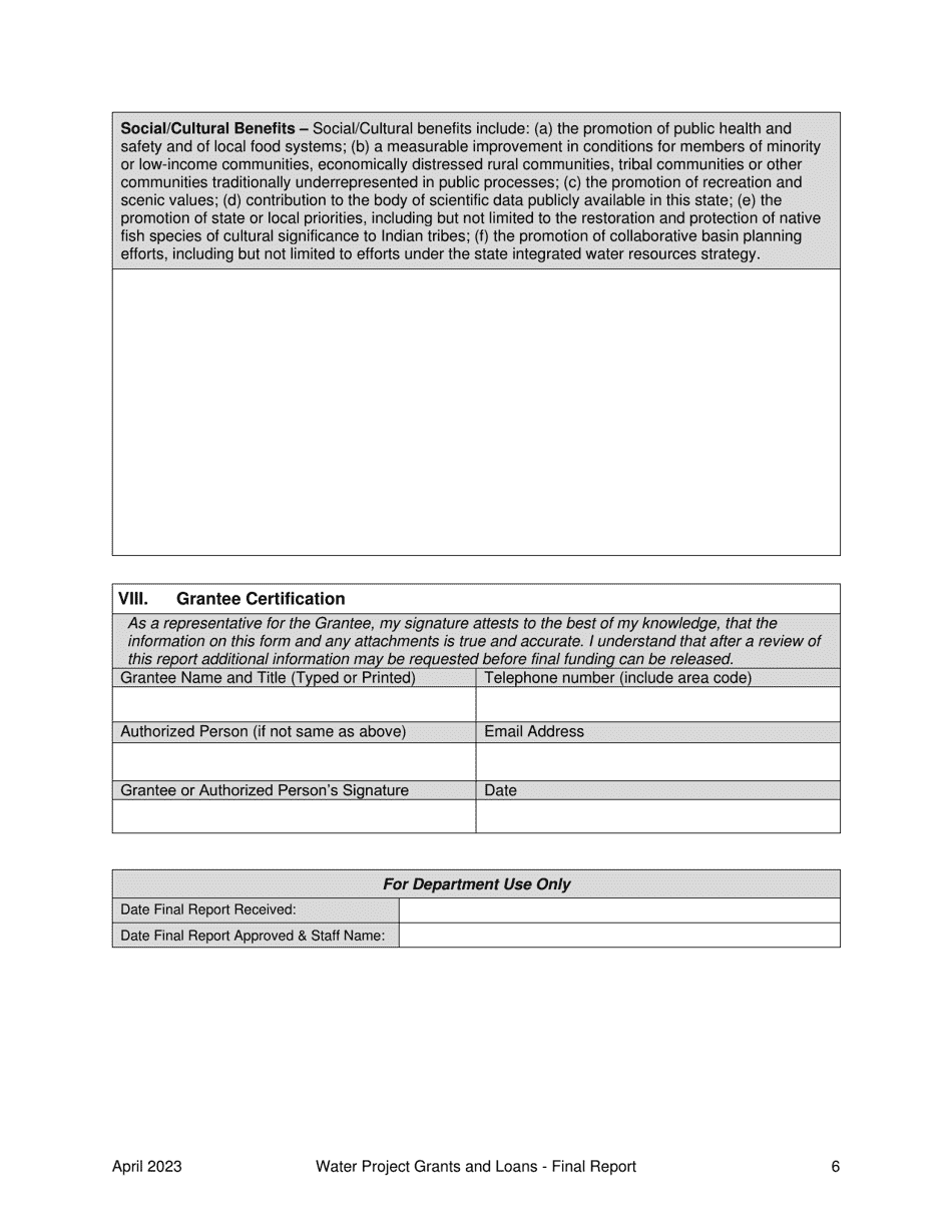 Final Report Form - Water Project Grants and Loans (Water Supply Development Account) - Oregon, Page 6