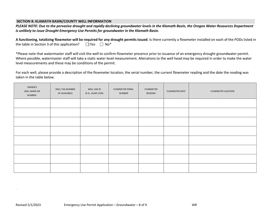 Application for an Emergency Use Permit for Groundwater (Drought) - Oregon, Page 8