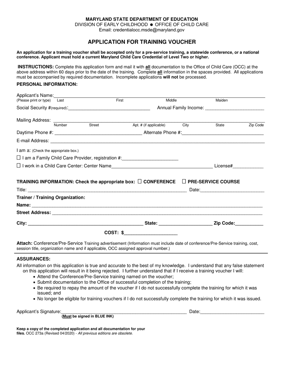 Form OCC273A Application for Training Voucher - Maryland, Page 1