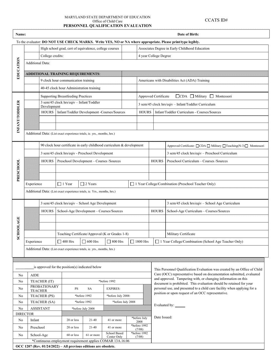 Form OCC1207 Personnel Qualification Evaluation - Maryland, Page 1