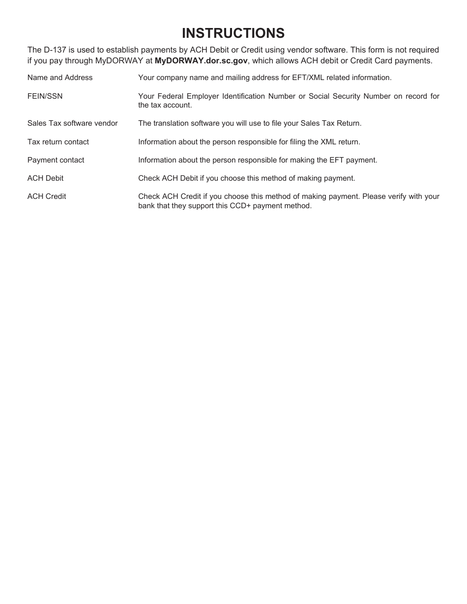 Form D-137 Registration Application - Electronic Funds Transfer (Eft) / Extensible Mark-Up Language (Xml) - South Carolina, Page 2