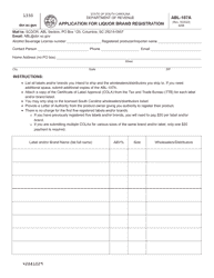 Document preview: Form ABL-107A Application for Liquor Brand Registration - South Carolina