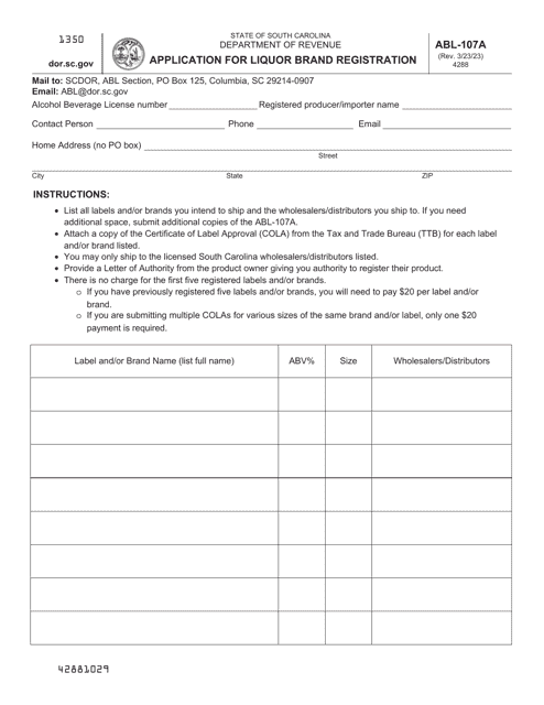 Form ABL-107A Application for Liquor Brand Registration - South Carolina