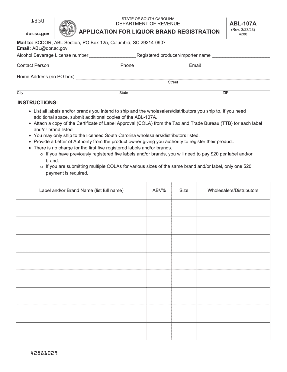 Form ABL-107A Application for Liquor Brand Registration - South Carolina, Page 1