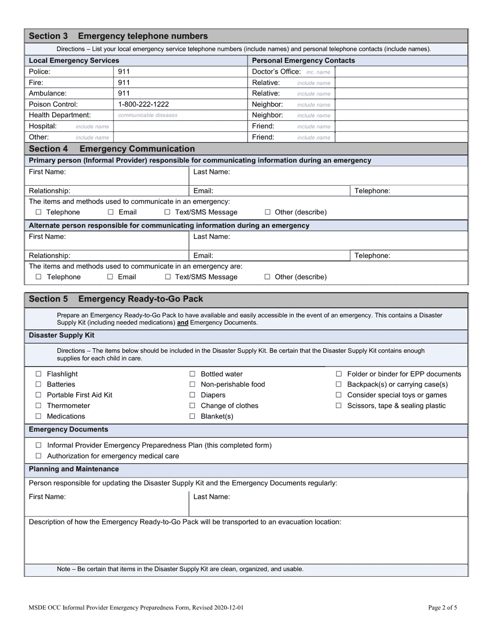 Maryland Informal Provider Emergency Preparedness Plan - Child Care ...