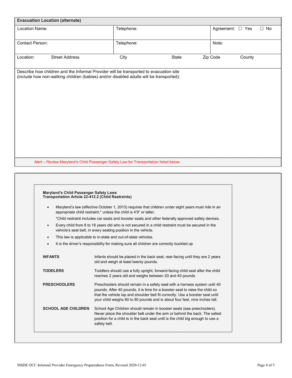 Informal Provider Emergency Preparedness Plan - Child Care Scholarship Program - Maryland, Page 4
