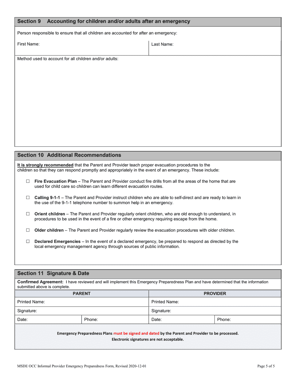 Informal Provider Emergency Preparedness Plan - Child Care Scholarship Program - Maryland, Page 5