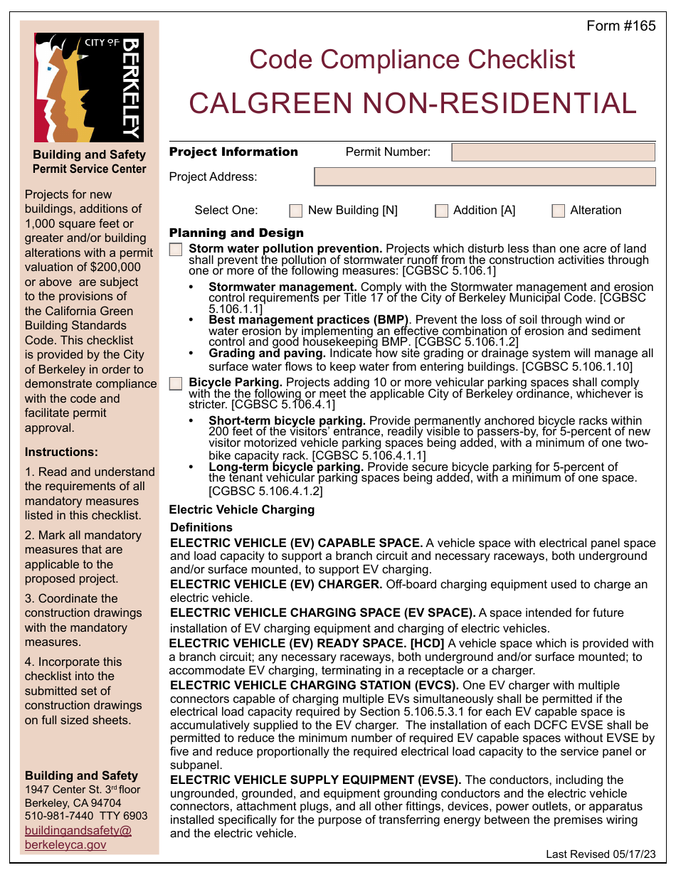 Form 165 Code Compliance Checklist - Calgreen Non-residential - City of Berkeley, California, Page 1