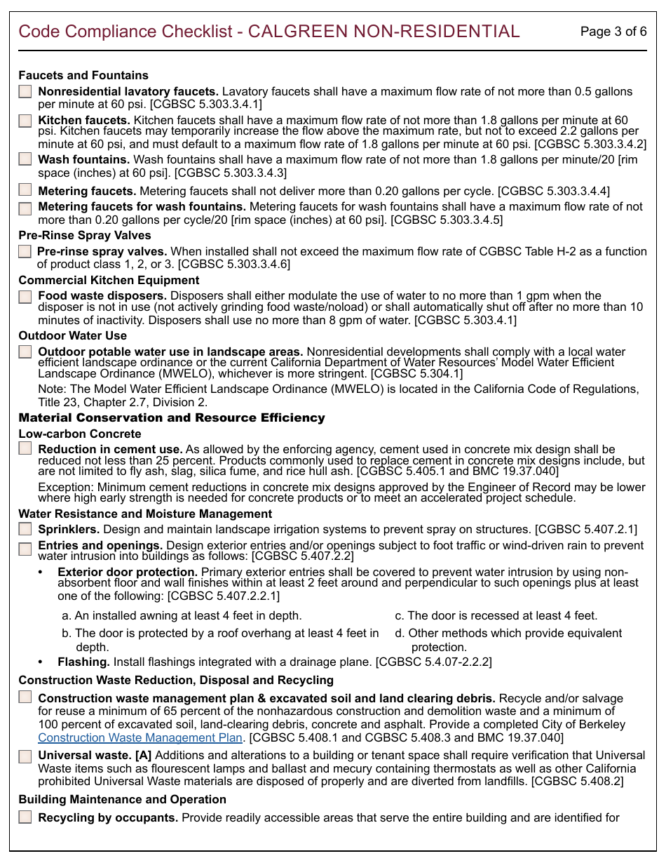 Form 165 Code Compliance Checklist - Calgreen Non-residential - City of Berkeley, California, Page 3